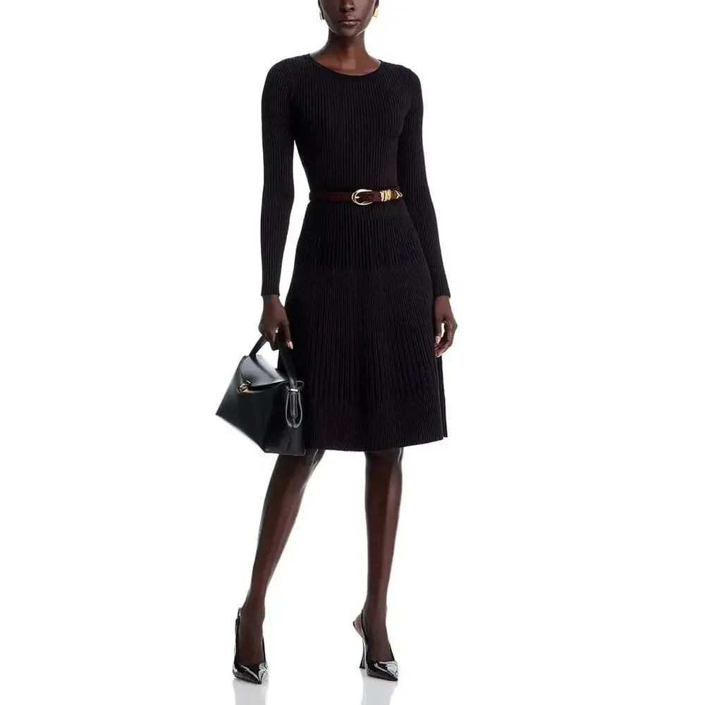 T Tahari Women Black/Espresso Rib Knit Flare Hem Fit & Flare Midi Dress Size XL